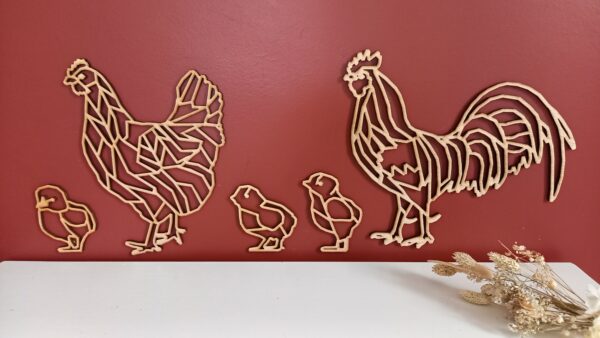 coq poule et poussins en bois façon origami