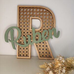 Lettre en bois imitation cannage personnalisée avec prénom R Ruben vert jade